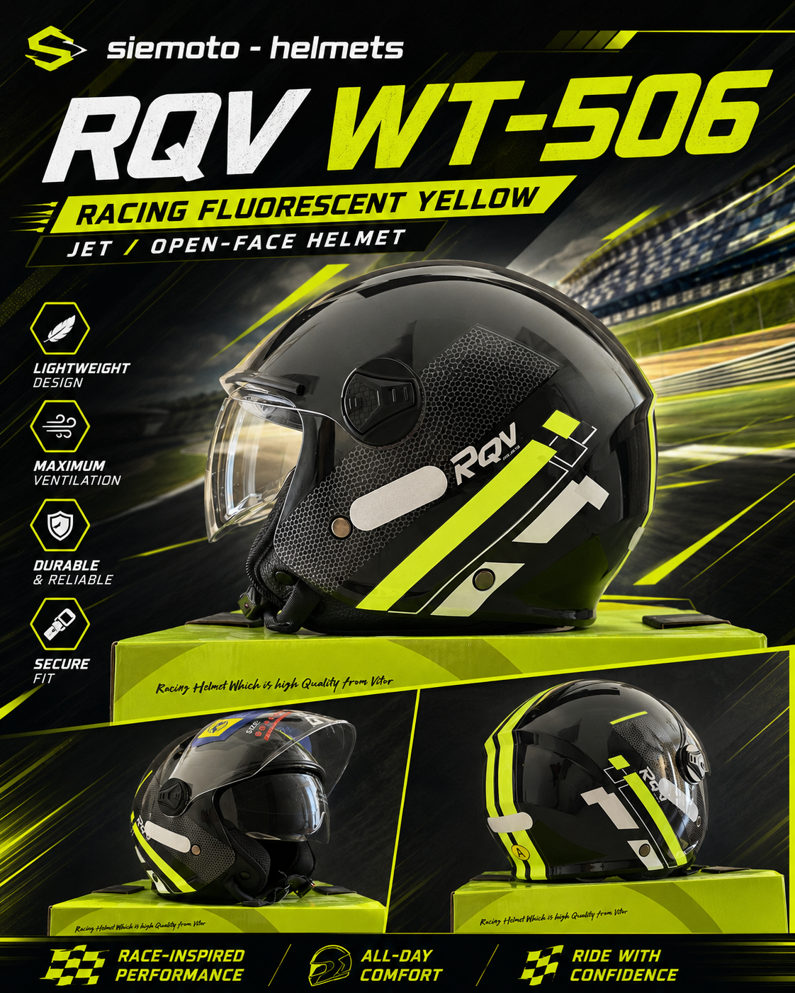 Jet/Open-Face moto kaciga RQV WT-506 Racing Fluorescent Yellow u Crnoj Gori – SIEMOTO