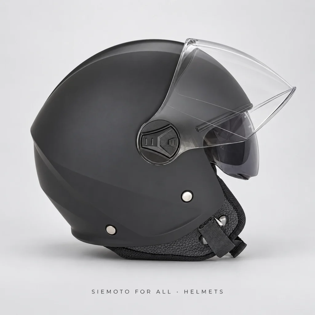 RQV WT-506 matte black open-face helmet, right-side view with raised clear visor and inner sun visor