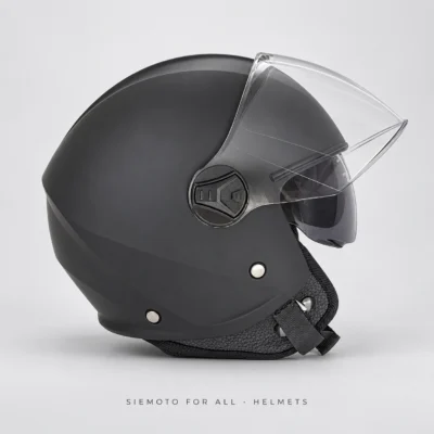 RQV WT-506 matte black open-face helmet, right-side view with raised clear visor and inner sun visor
