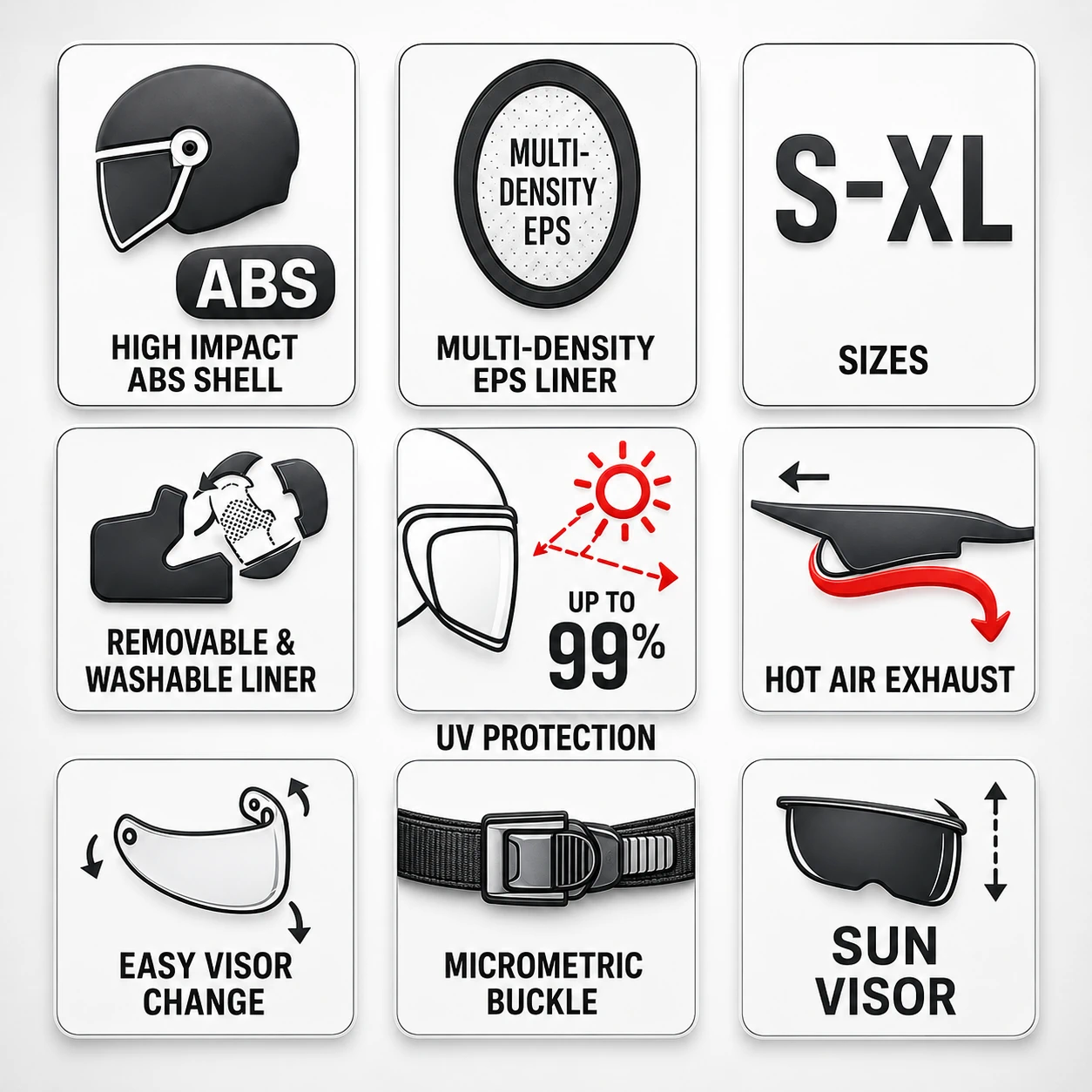 RQV WT-506 Pearl White helmet feature icons infographic.