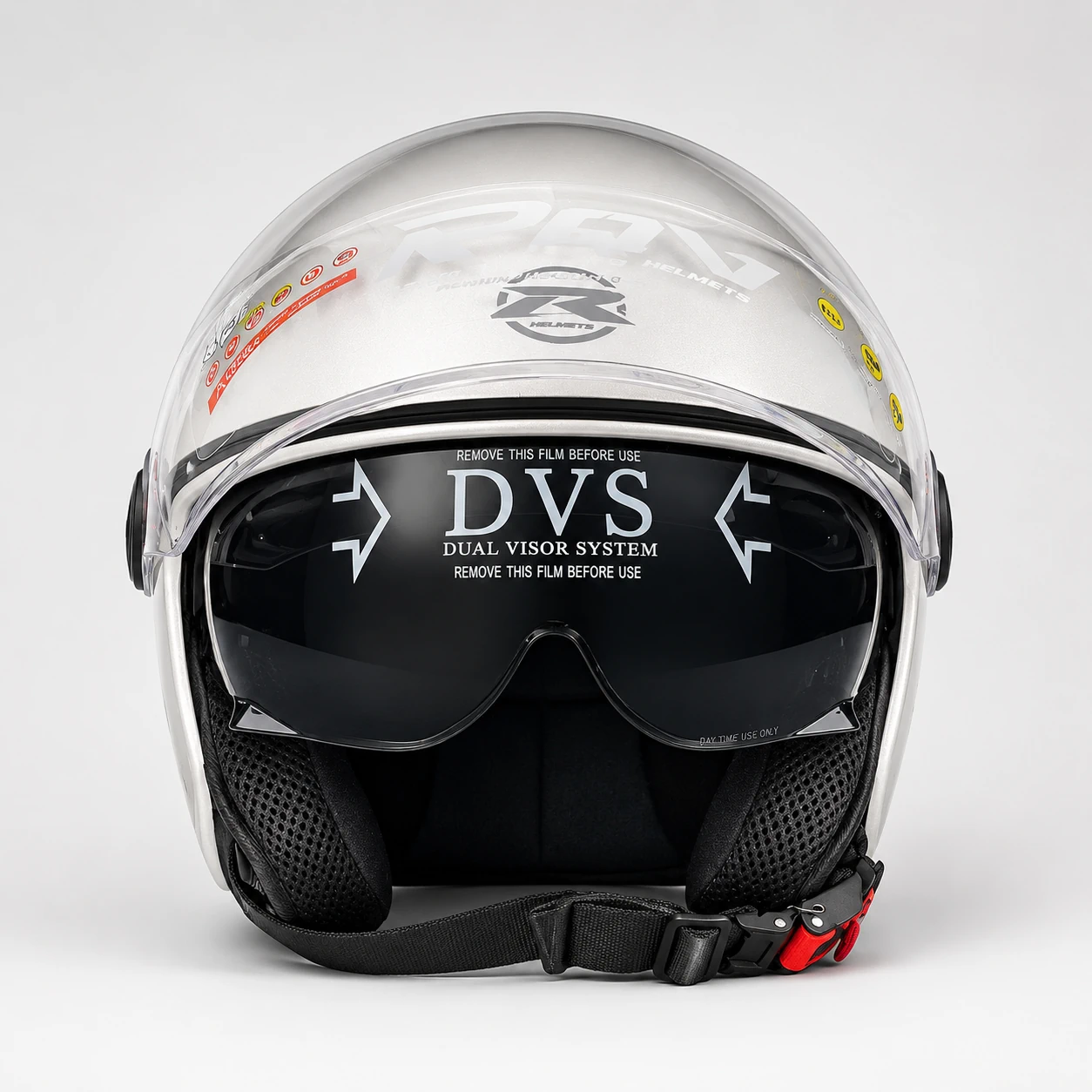 RQV WT-506 Pearl White open face helmet shown from the front with dual visor system.