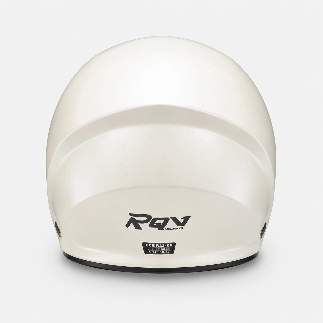 RQV WT-506 Pearl White helmet shown from the rear with RQV logo.