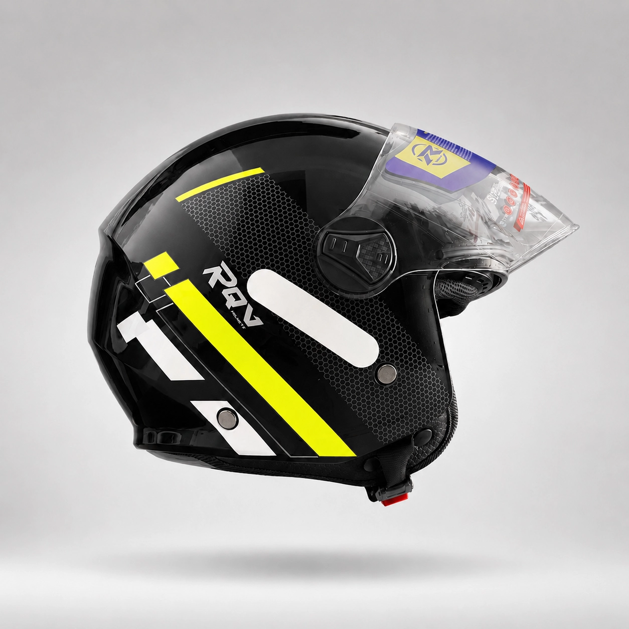 RQV WT-506 Racing Fluorescent Yellow off-road open face helmet shown in side view on a light grey background.