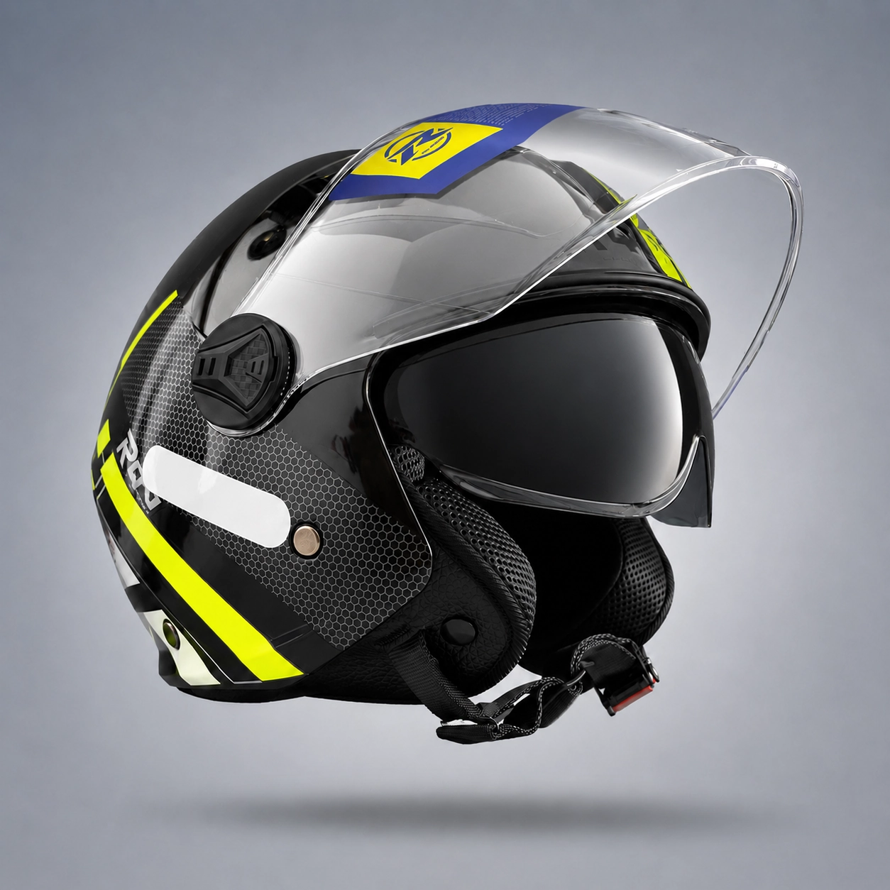 RQV WT-506 Racing Fluorescent Yellow off-road open face helmet shown in three-quarter view on a light grey background.