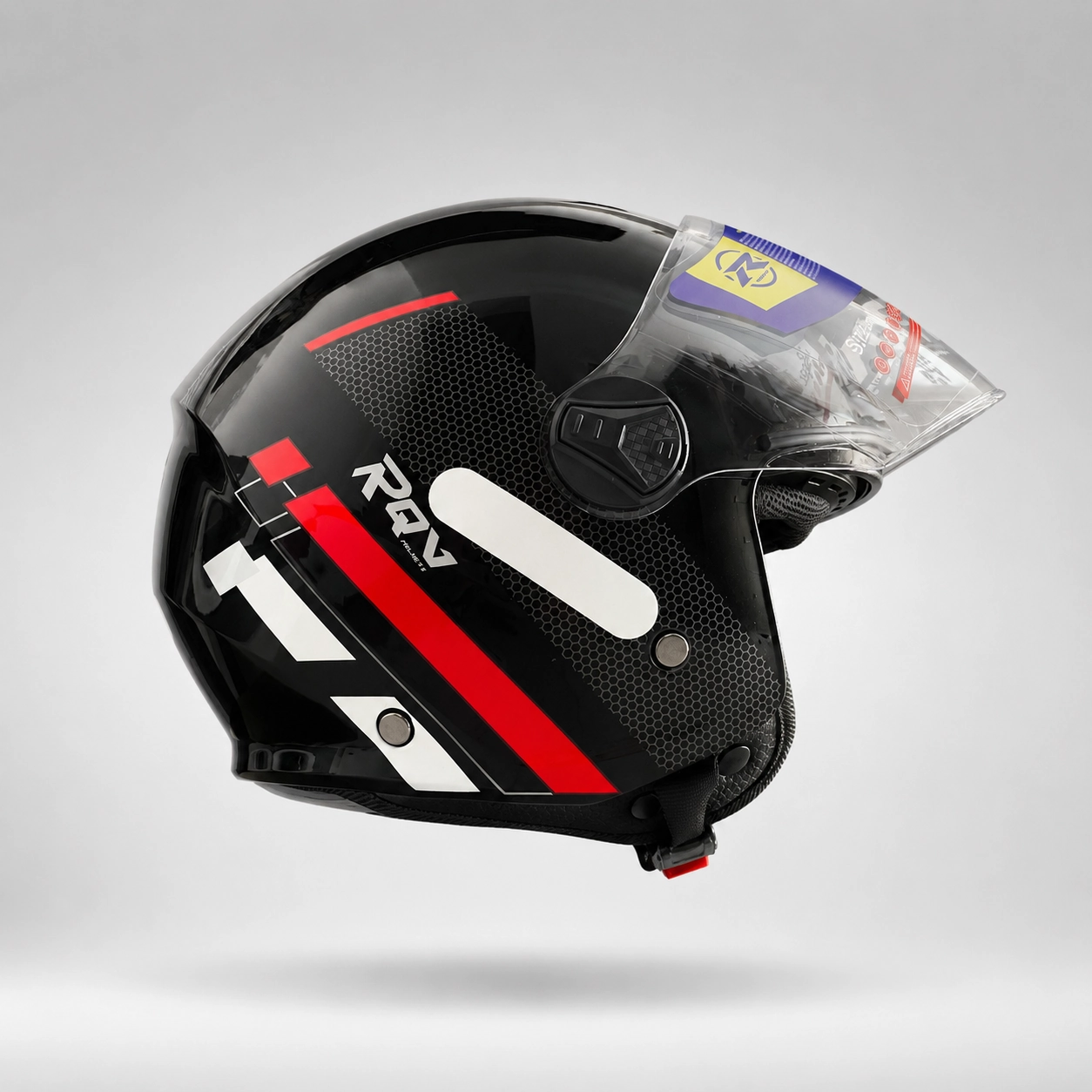 RQV WT-506 Racing Red off-road open face helmet shown in side view on a light grey background.