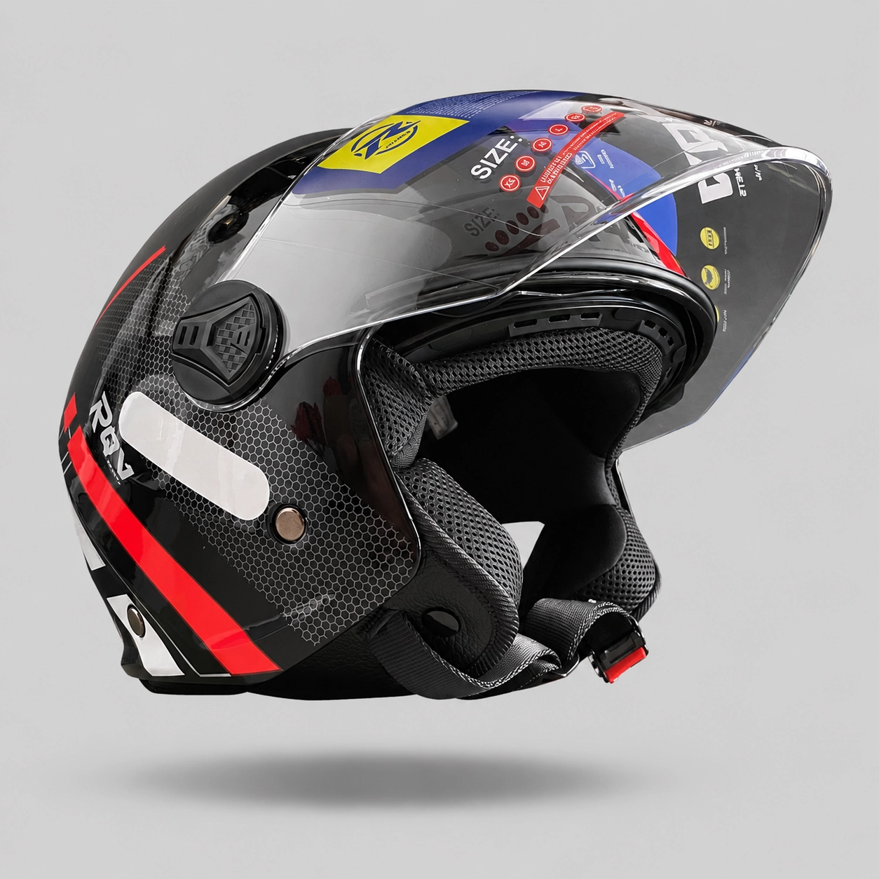 RQV WT-506 Racing Red off-road open face helmet shown in three-quarter view on a light grey background.