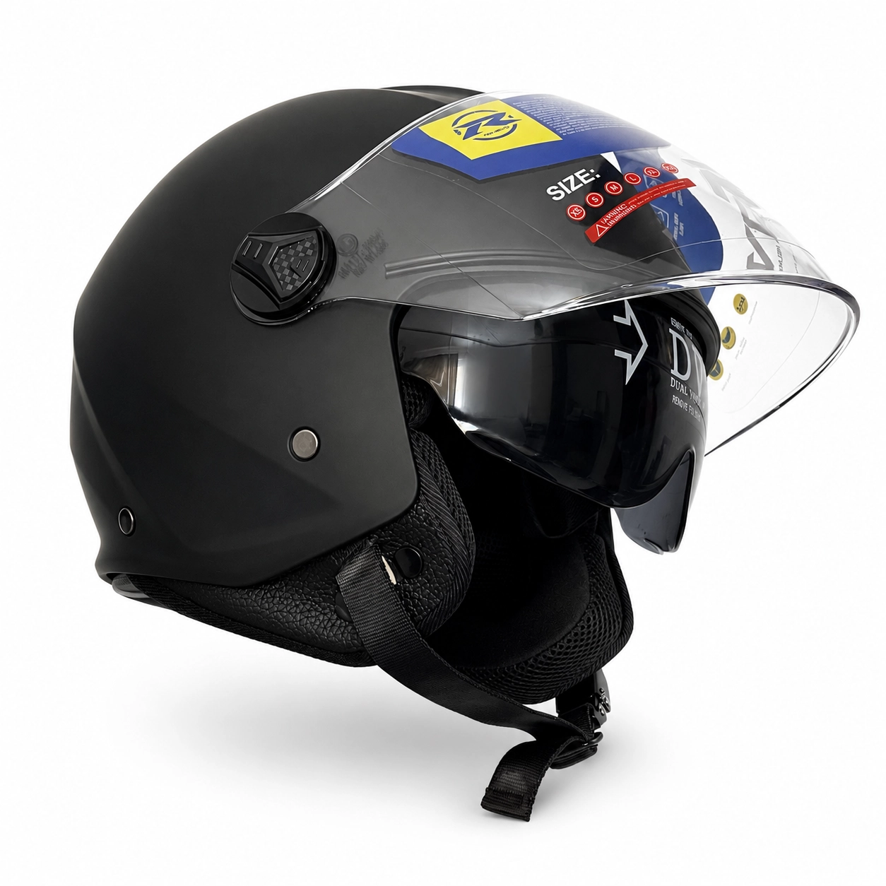 Open face (RQV WT-506 Matte Black) kaciga sa providnim vizirom i unutrašnjim sunčanim vizirom