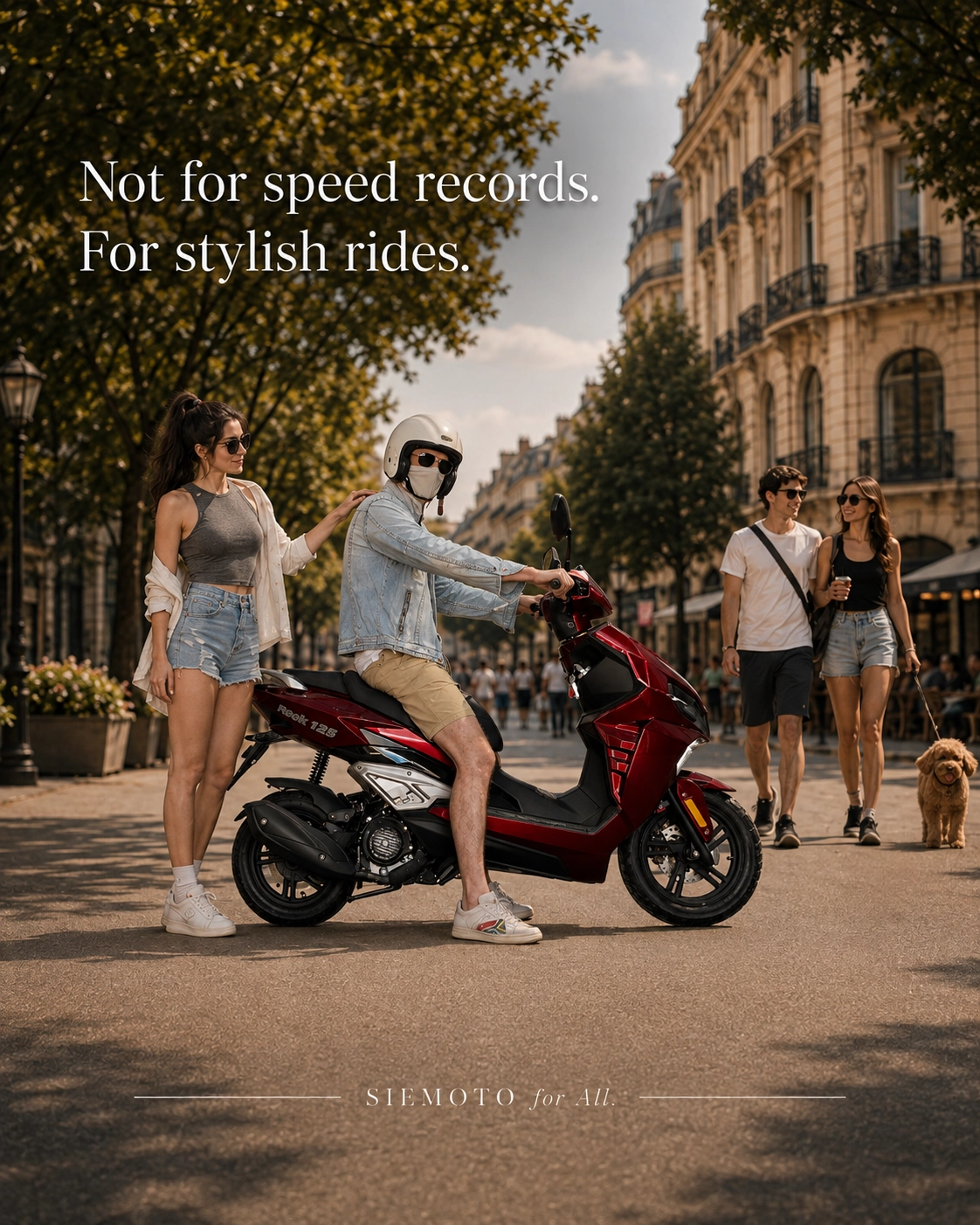 ZNEN R9 125 III Cherry Red scooter lifestyle banner with rider and slogan